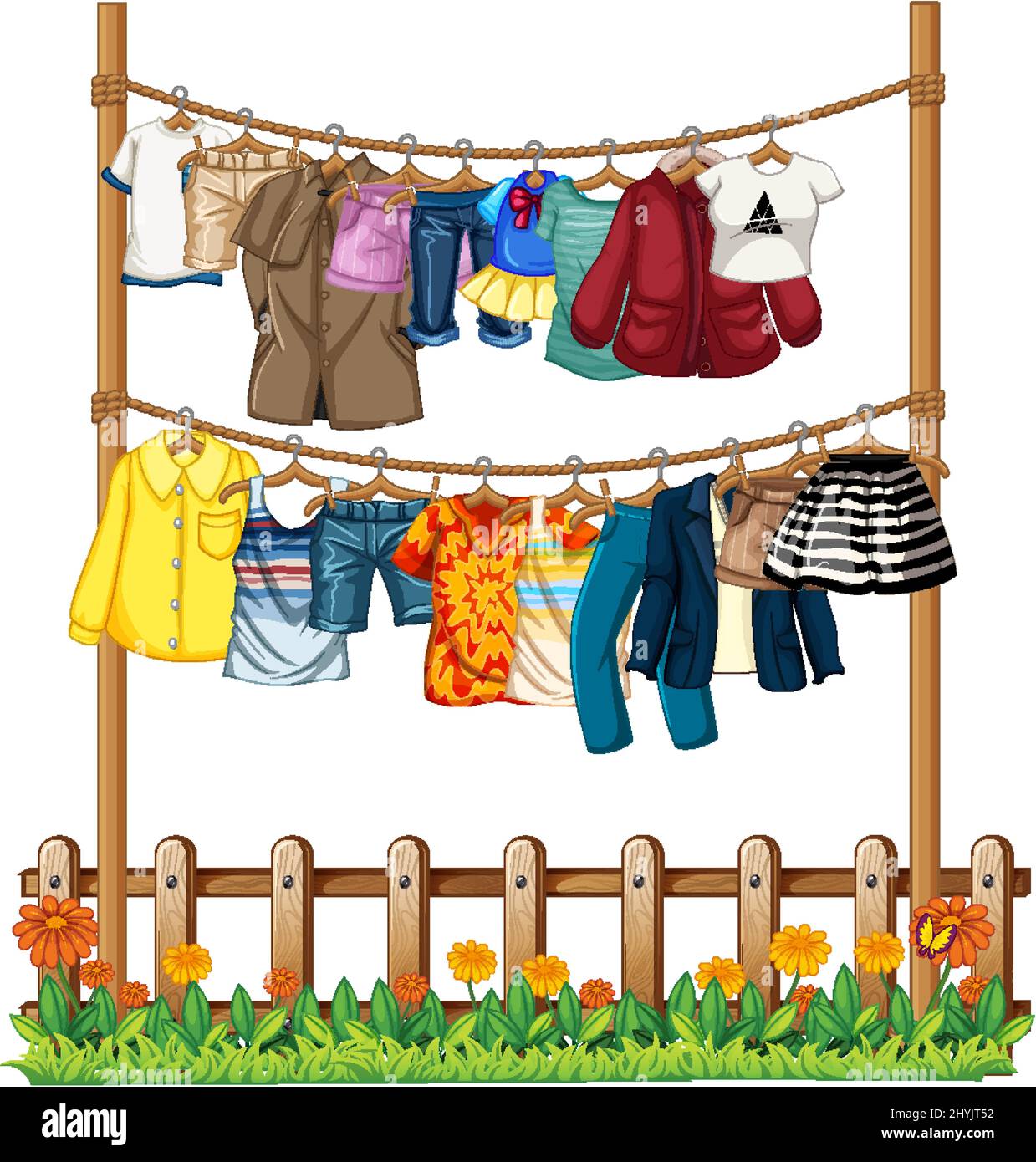 Many clothes hanging on clothesline illustration Stock Vector