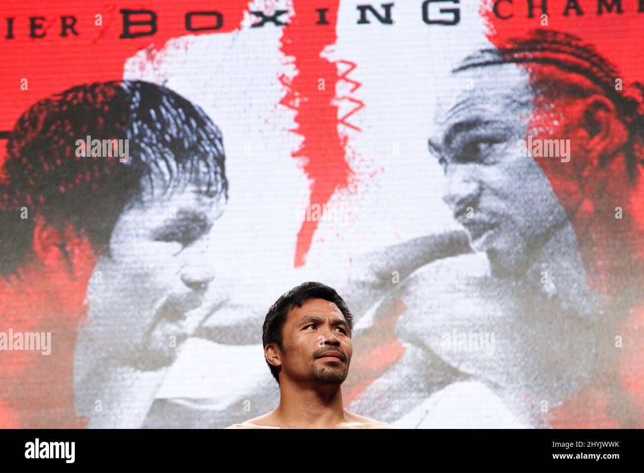 Manny Pacquiao on stage during the weigh in for the Manny Pacquiao vs Keith Thurman WBA World Welterweight Championship fight at the MGM Grand Garden Arena on July 19, 2019 in Las Vegas, NV. Stock Photo