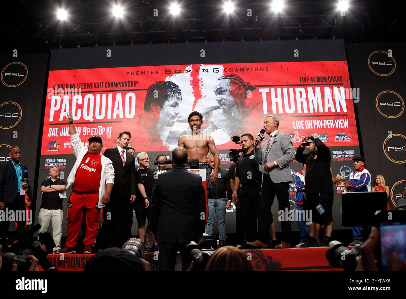 Manny Pacquiao on stage during the weigh in for the Manny Pacquiao vs Keith Thurman WBA World Welterweight Championship fight at the MGM Grand Garden Arena on July 19, 2019 in Las Vegas, NV. Stock Photo