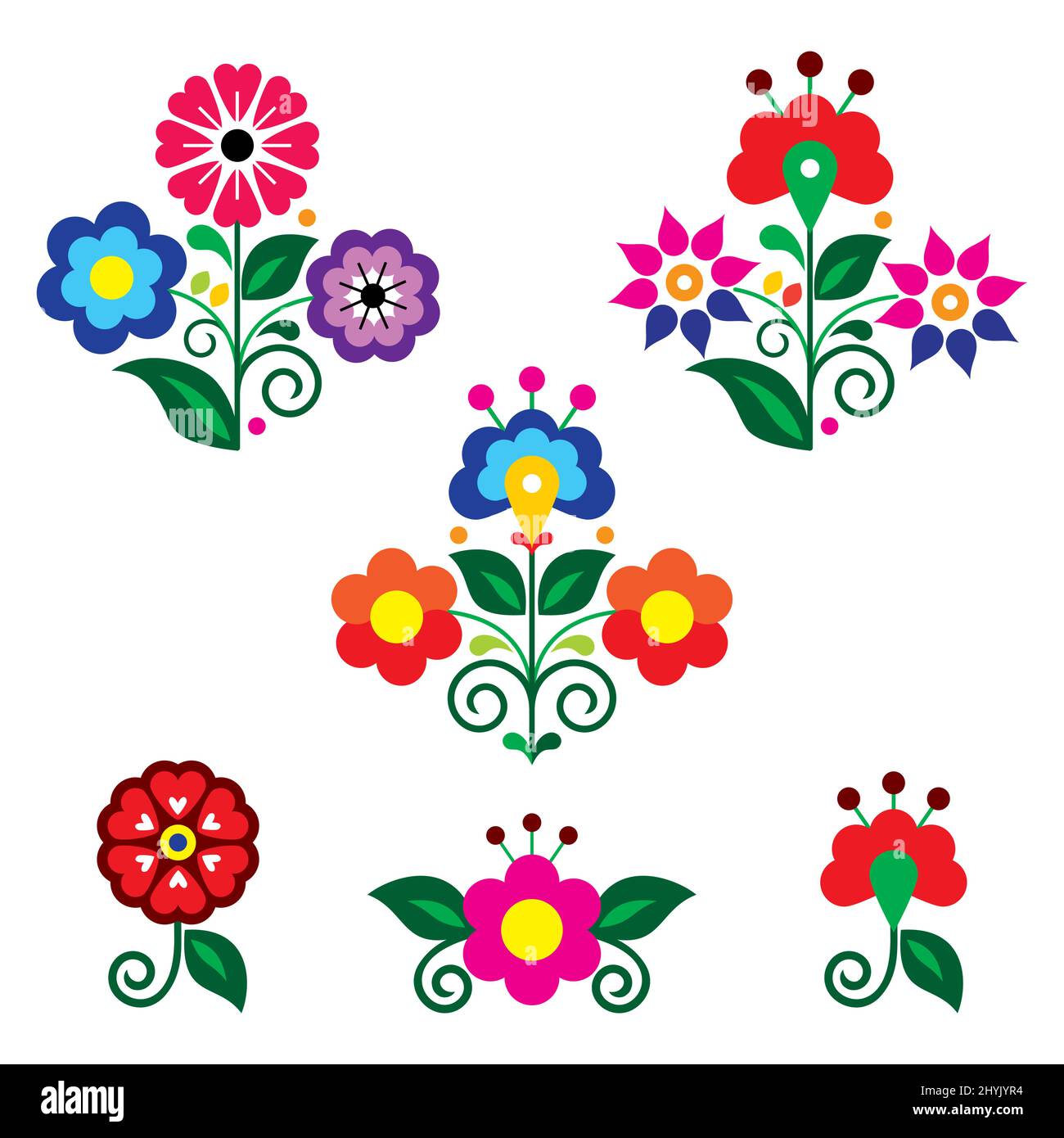 Mexican folk art style vector floral design elements, retro vibrant collection inspired by traditional embroidery Stock Vector