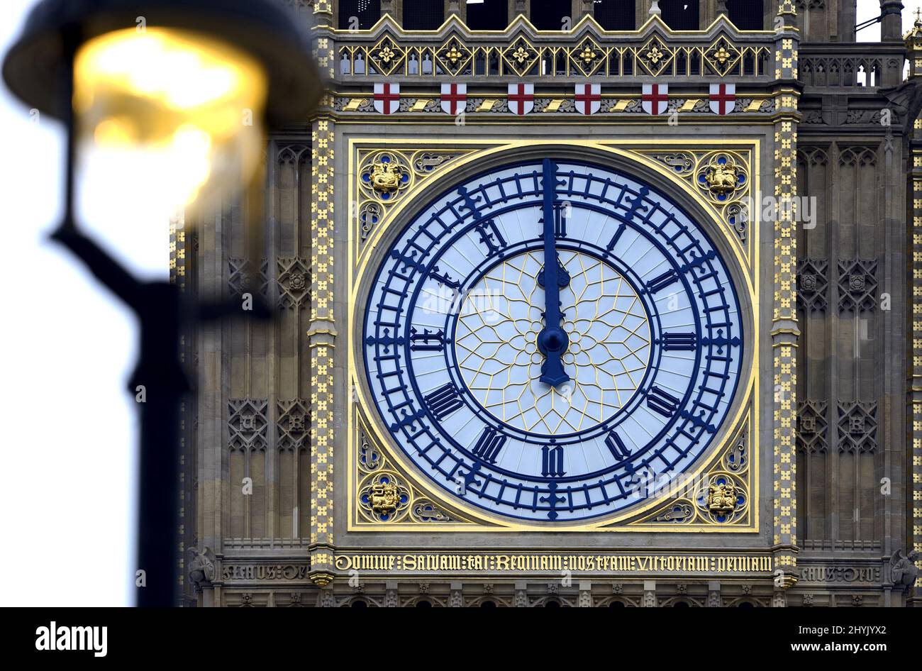 London, England, UK. Big Ben clockface at midday Stock Photo