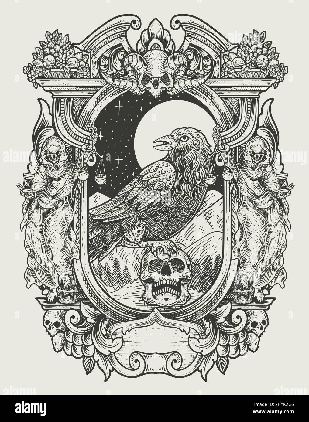 illustration vintage scary crow with engraving style Stock Vector Image ...