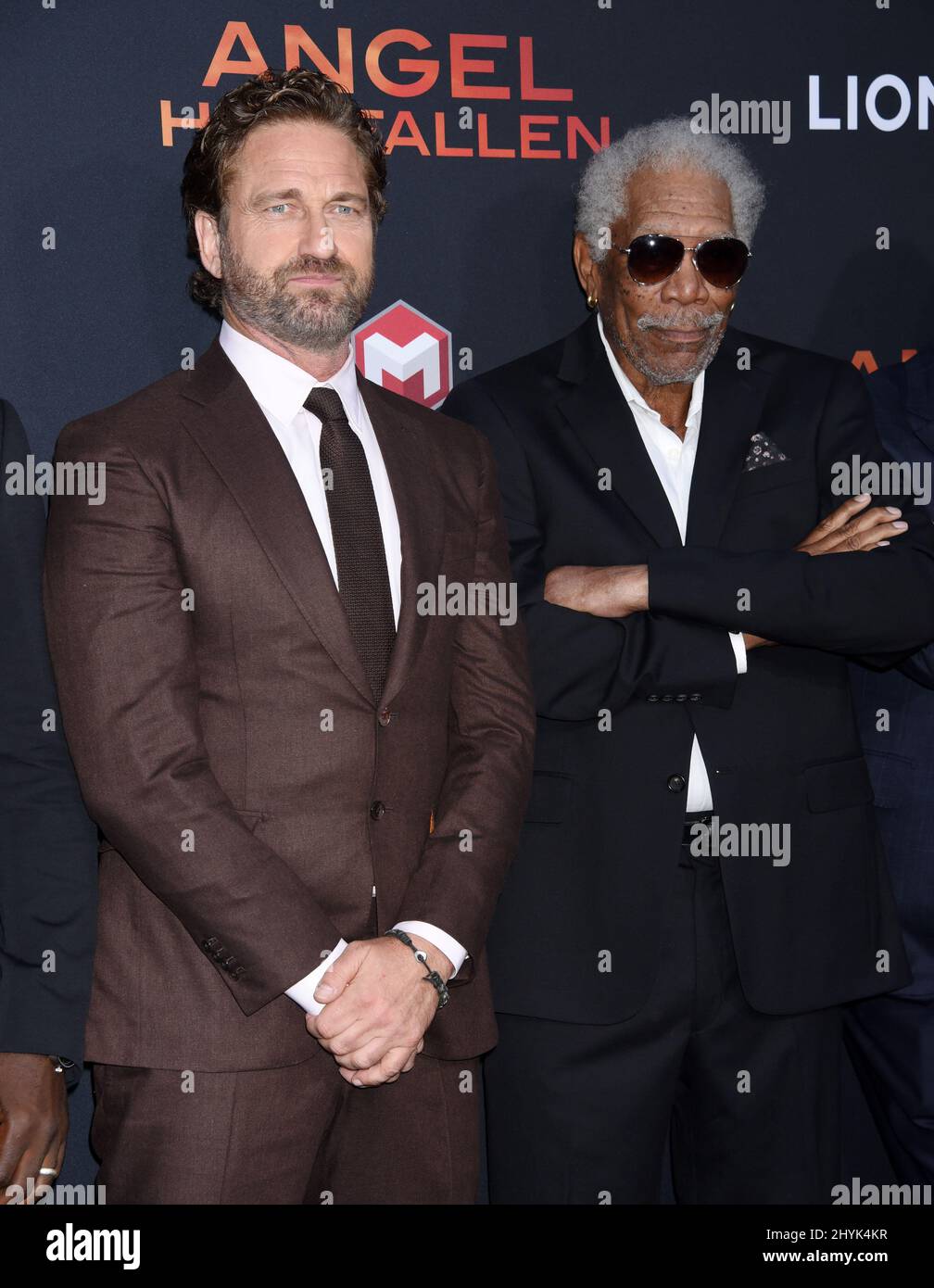Gerard Butler and Morgan Freeman at the Los Angeles premiere of 'Angel