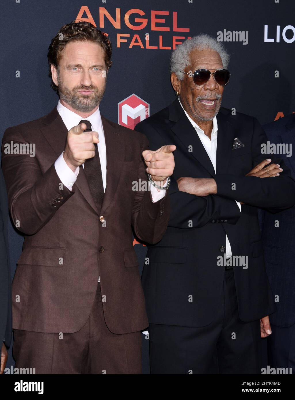 Gerard Butler and Morgan Freeman at the Los Angeles premiere of 'Angel