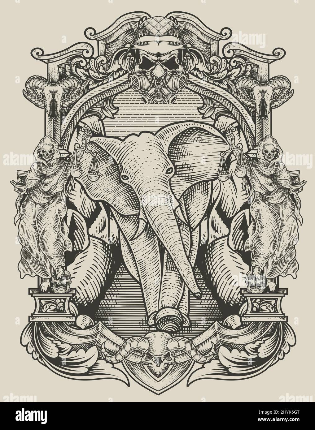 illustration vintage elephant with engraving style Stock Vector Image