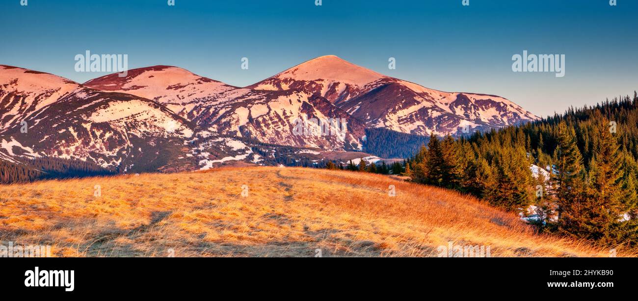Fantastic morning mountain landscape. Carpathian, Ukraine, Europe. Beauty world. Stock Photo