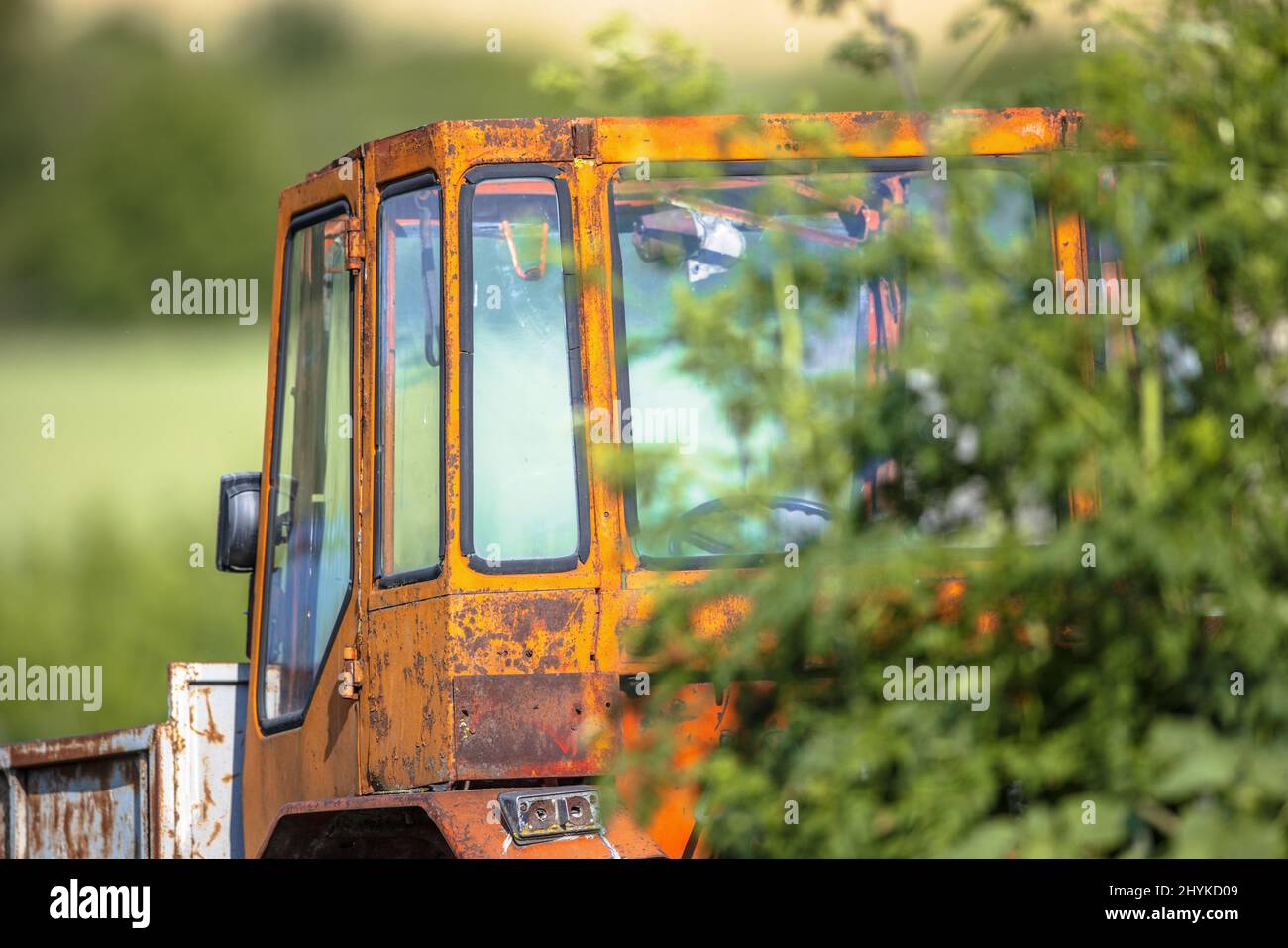Cabin Detail of Soviet style truck in Bulgaria. Wreck in backyard of farm. Stock Photo