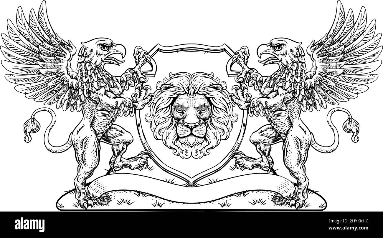 Coat of Arms Lion Griffin or Griffon Crest Shield Stock Vector
