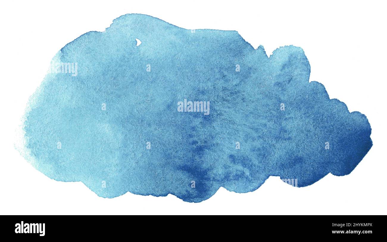 Blue watercolor hand drawn stain on white paper grain texture. Abstract ...