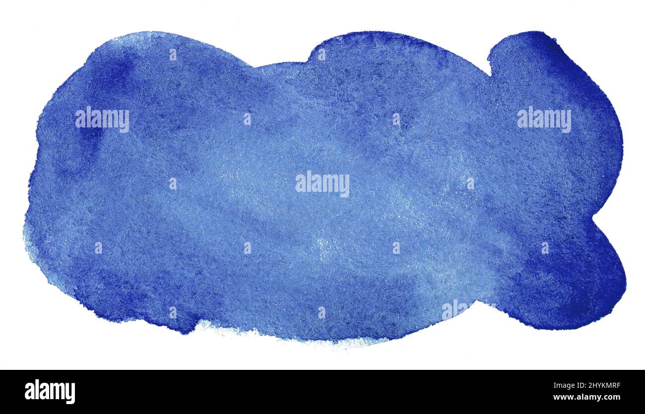 Blue watercolor hand drawn stain on white paper grain texture. Abstract ...