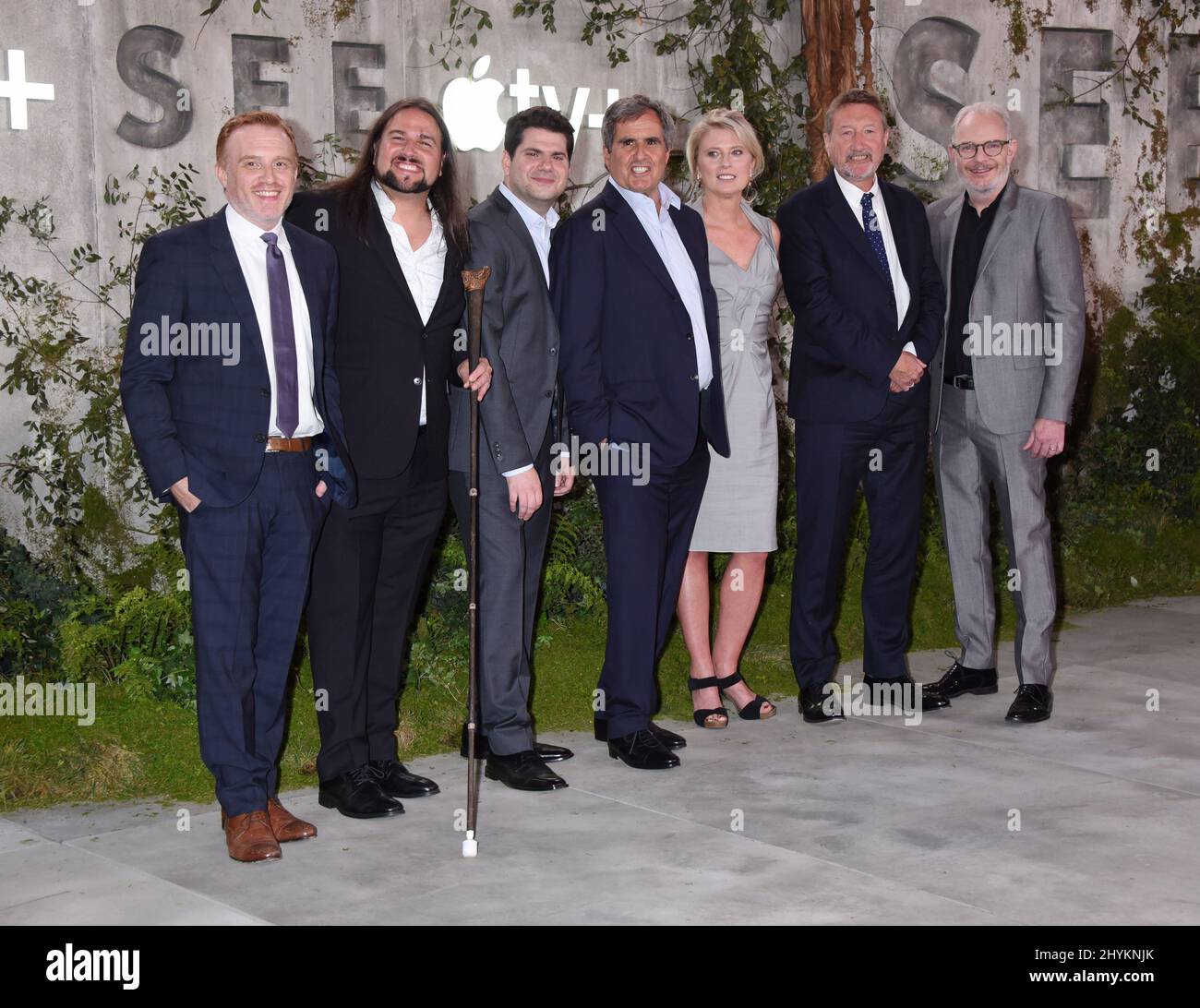 Jon Steinberg, Joe Strechay, Dan Shotz, Peter Chernin, Jenno Topping, Steven Knight and Francis Lawrence at Apple TV+'s 'See' World Premiere held at the Regency Village Theatre on October 21, 2019 in Westwood, CA. Stock Photo