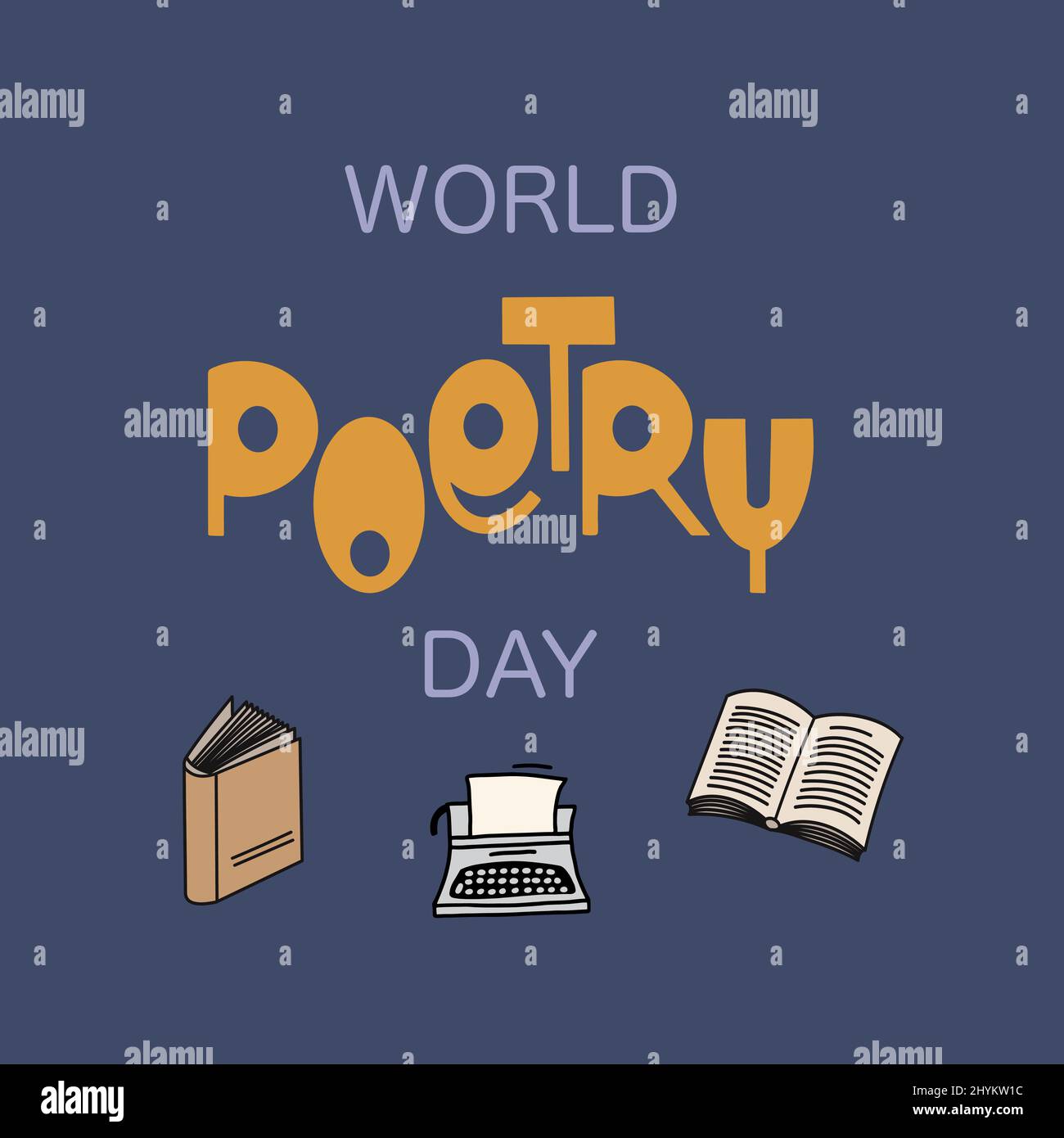 World poetry day design. Poetry lettering with doodle style illustrations. Stock Vector