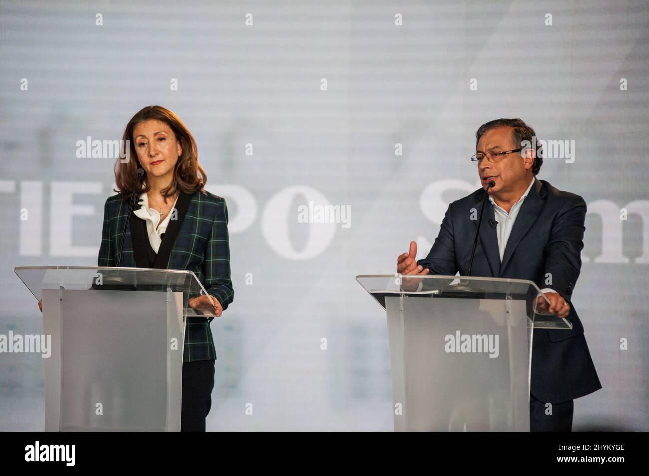 Presidential candidate franch-colombian Ingrid Betancourt for political party 'Partido Verde Oxigeno' listens to leftist candidate for 'Pacto Historic Stock Photo