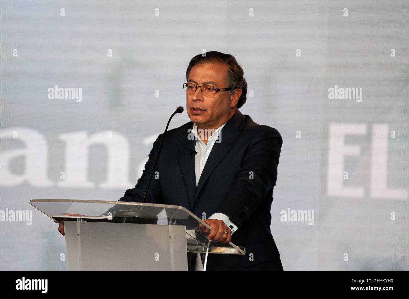 Colombian leftist presidential candidate for Pacto Historico Alliance Gustavo Petro speaks during the first debate after the preliminary elections in Stock Photo