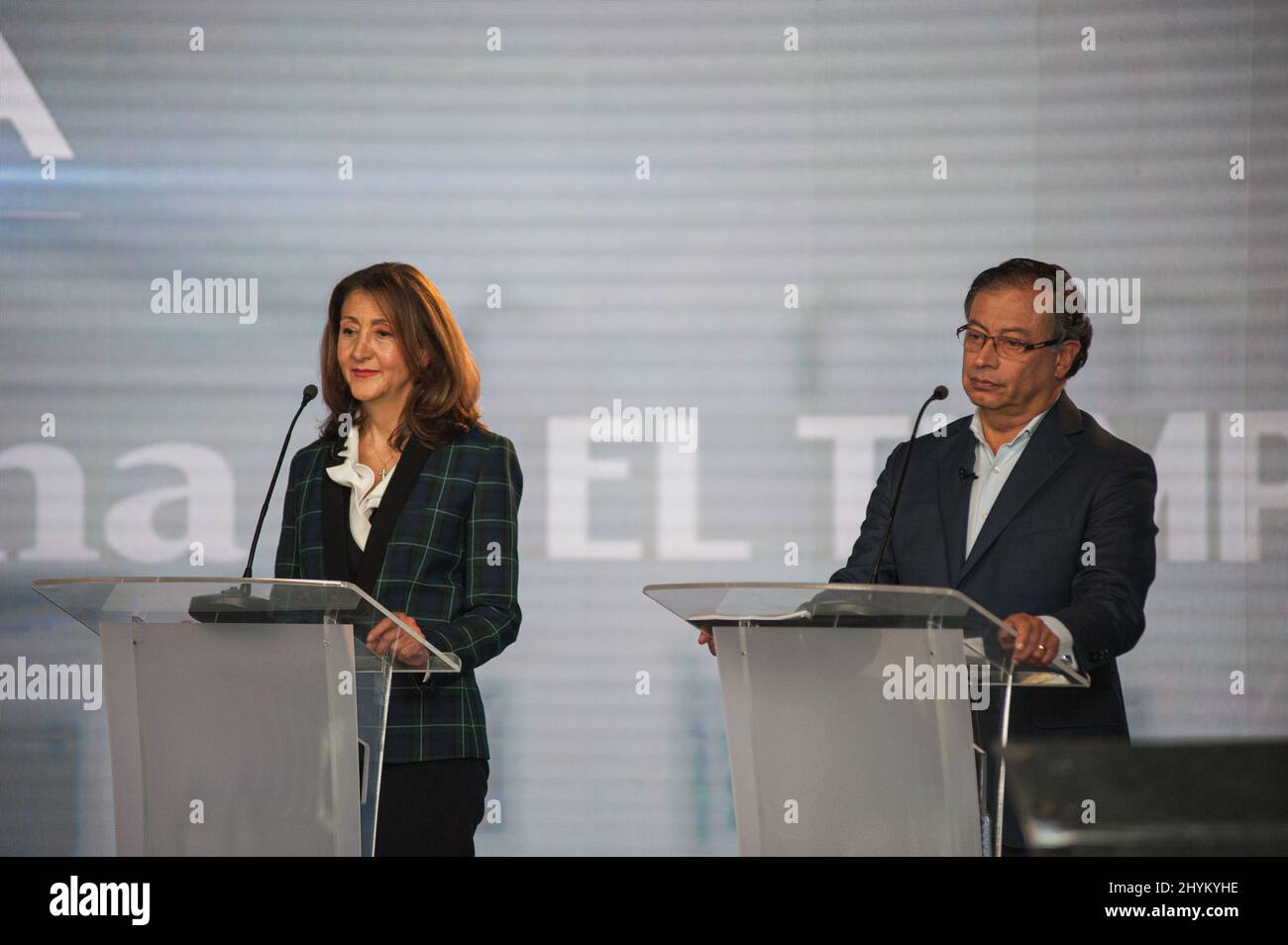 Presidential candidates franch-colombian Ingrid Betancourt for political party 'Partido Verde Oxigeno' and leftist candidate for 'Pacto Historico' Gus Stock Photo