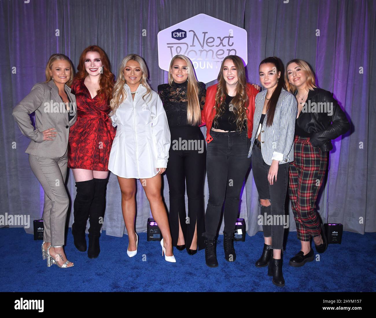 Hailey Whitters, Caylee Hammack, Gabby Barrett, Sami Bearden, Savana Santos and Sam Backoff of Avenue Beat at the 2019 CMT Next Women of Country Celebration held at the CMA Theater at the Country Music Hall of Fame and Museum on November 12, 2019 in Nashville, TN. Stock Photo