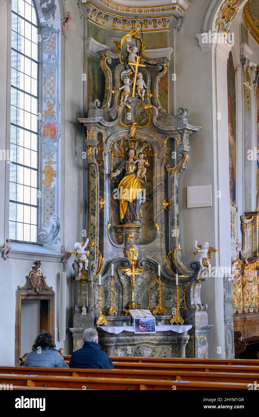Side altar with figure of the Virgin Mary, St. Pancras parish church, Wiggensbach, Allgaeu, Bavaria, Germany Stock Photo
