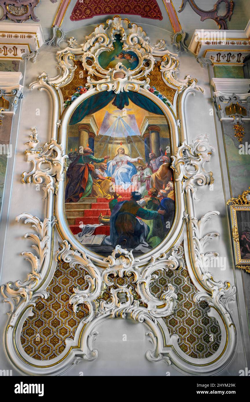 Picture in rocaille frame, the holy spirit comes over the apostles, parish church St. Pankratius, Wiggensbach, Allgaeu, Bavaria, Germany Stock Photo