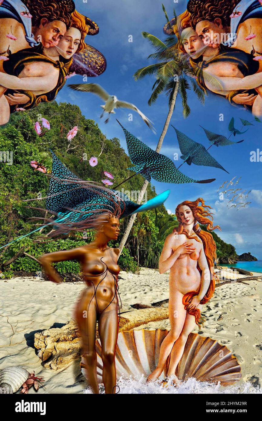 Photomontage, Botticelli, Birth of the Second Venus and flying eagle ray with coconut palm (Cocos nucifera) on one of the Raja Ampat Islands, West Stock Photo