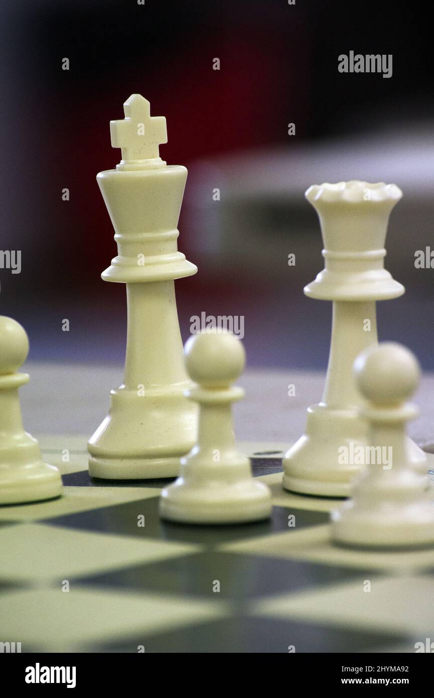 Close-up photo of chess pieces on a chess board with a beautiful blurry background. Pieces here are king, queen, pawns, a night, rook and a bishop. Stock Photo