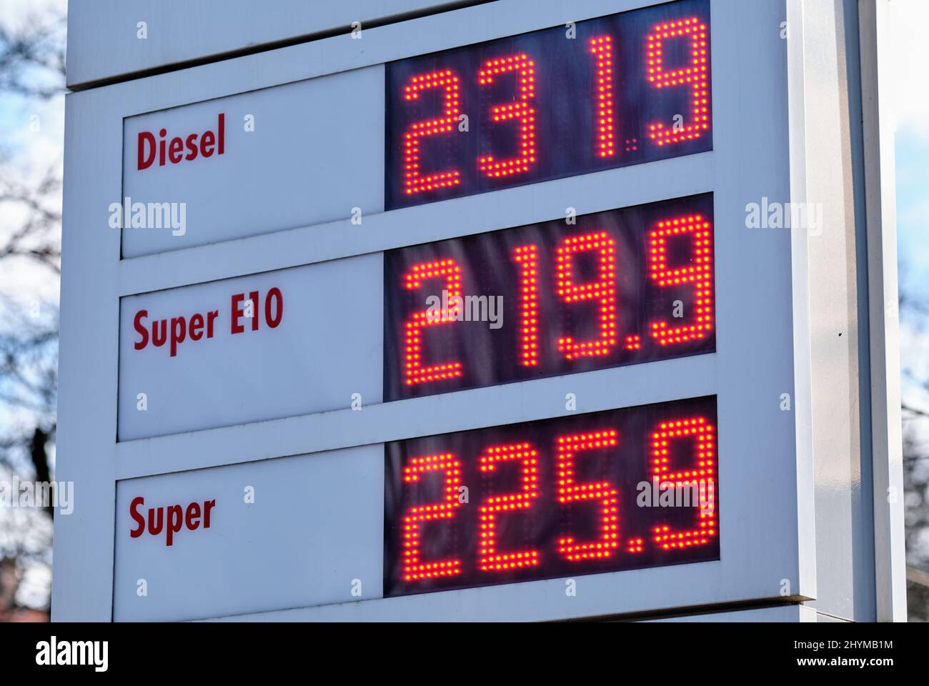Close-up of a sign at a gas station showing extremely high gasoline prices due to the war in Ukraine. Seen in Germany on March 14, 2022 Stock Photo