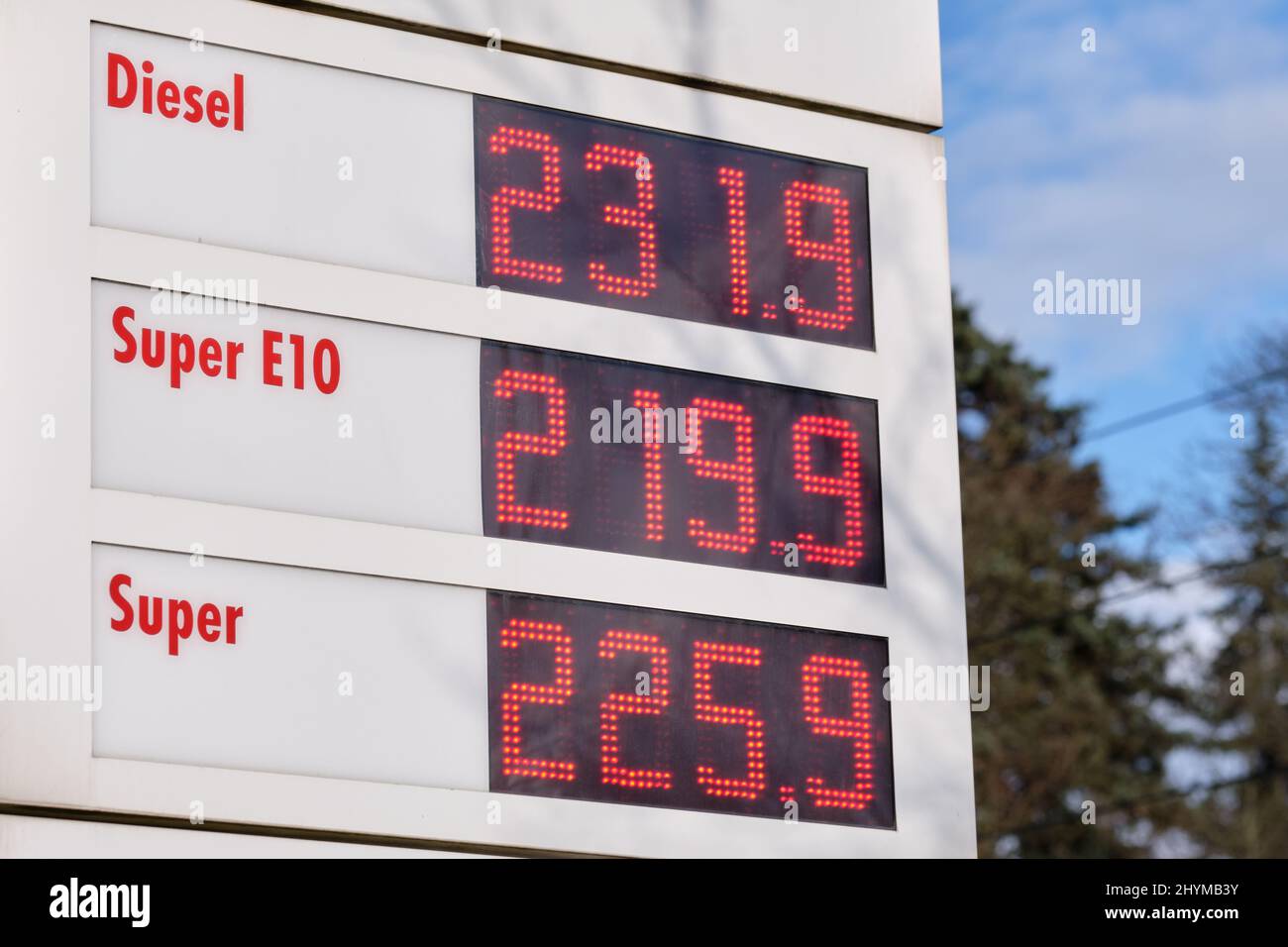 Close-up of a sign at a gas station showing extremely high gasoline prices due to the war in Ukraine. Seen in Germany on March 14, 2022 Stock Photo