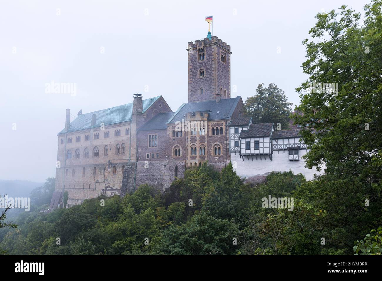 East side of the Wartburg with fog, Eisenach, Thuringia, Germany Stock ...