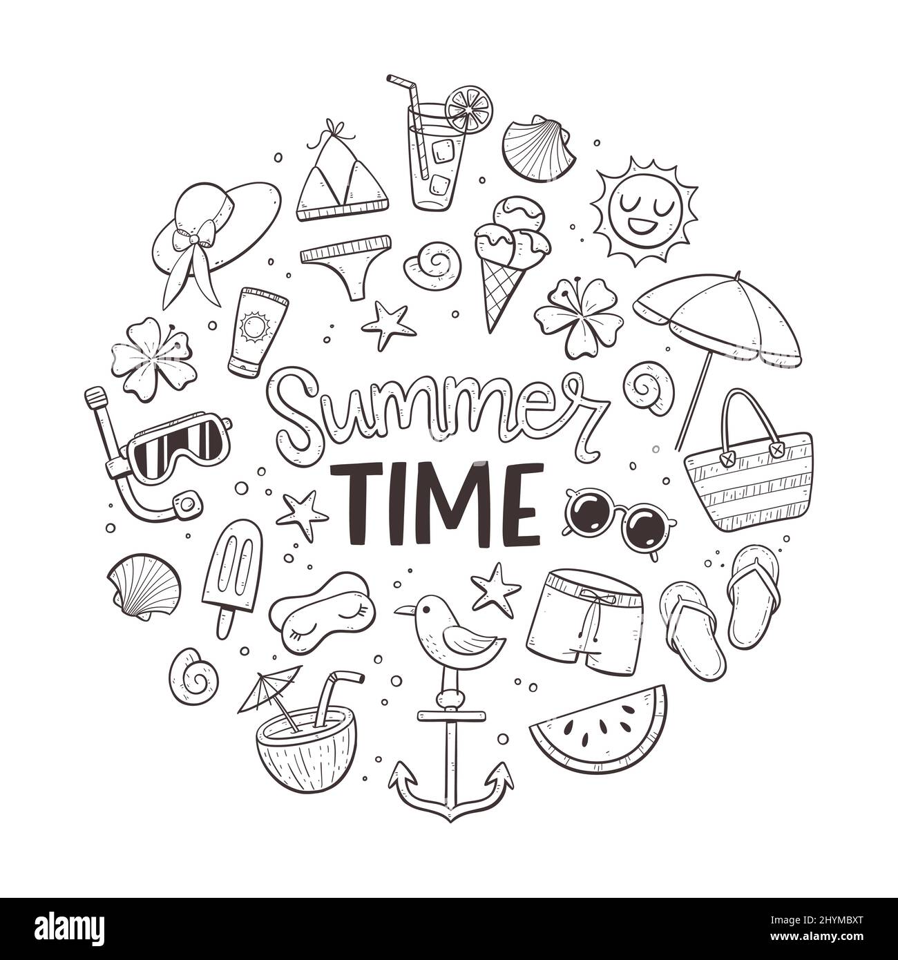 Summer Time background. Doodle style. Cute hand drawn summer icons. Isolated objects on white background. Stock Vector