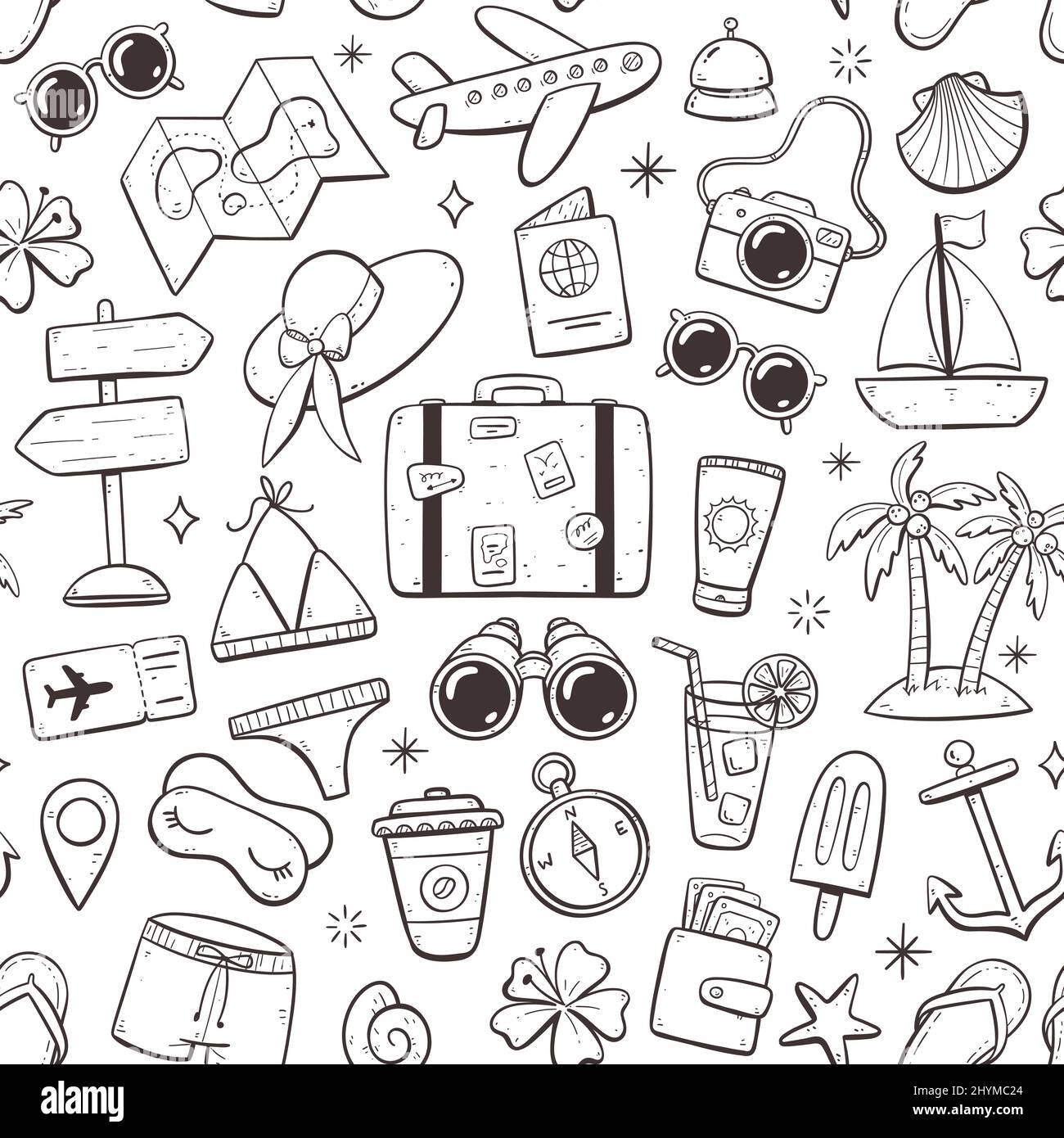 Pattern design with summer and holidays objects. Isolated elements on white background. Doodle version. Stock Vector