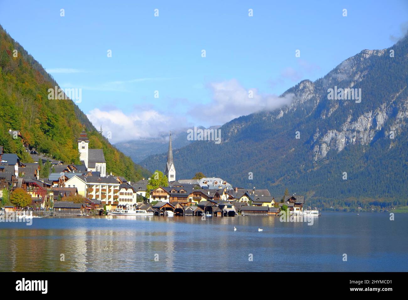 Travel destination, houses by lake in Hallstatt, Austria Stock Photo