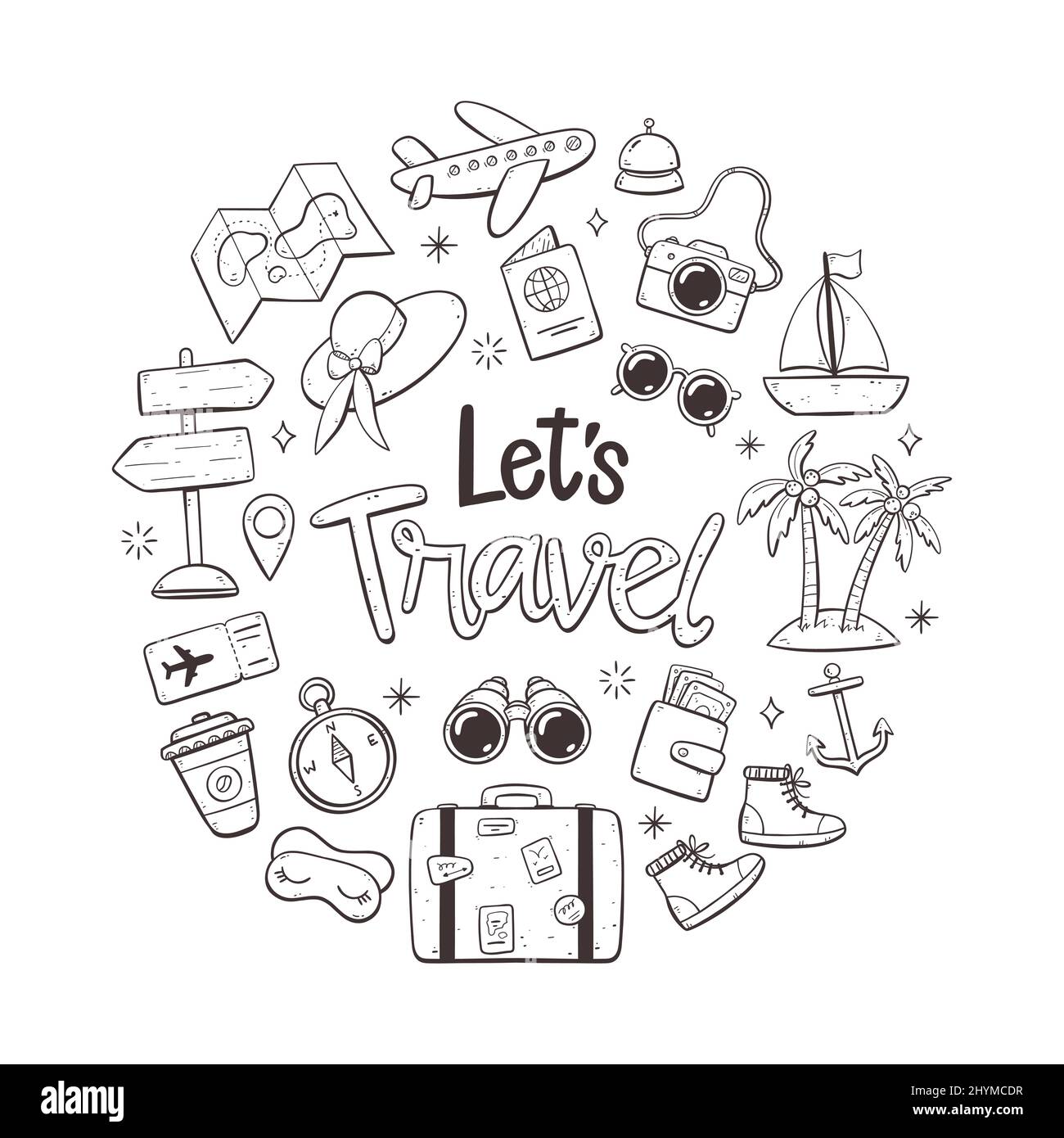 Travel holidays background. Doodle style. Cute hand drawn travel icons. Isolated objects on white background. Stock Vector