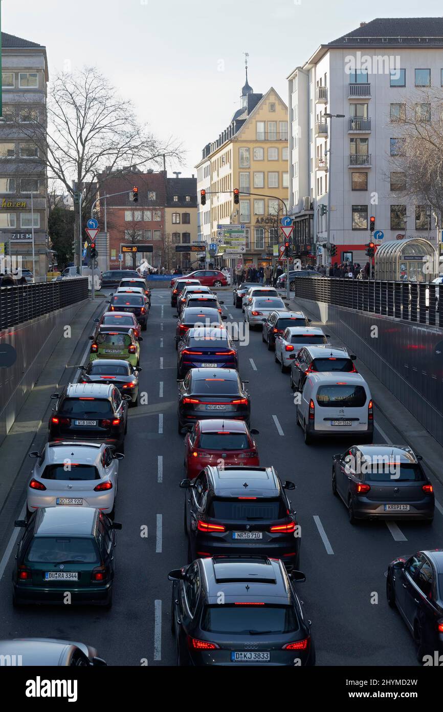 Street with standing cars, traffic jam in the city centre, Duesseldorf Old Town, Duesseldorf, North Rhine-Westphalia, Germany Stock Photo
