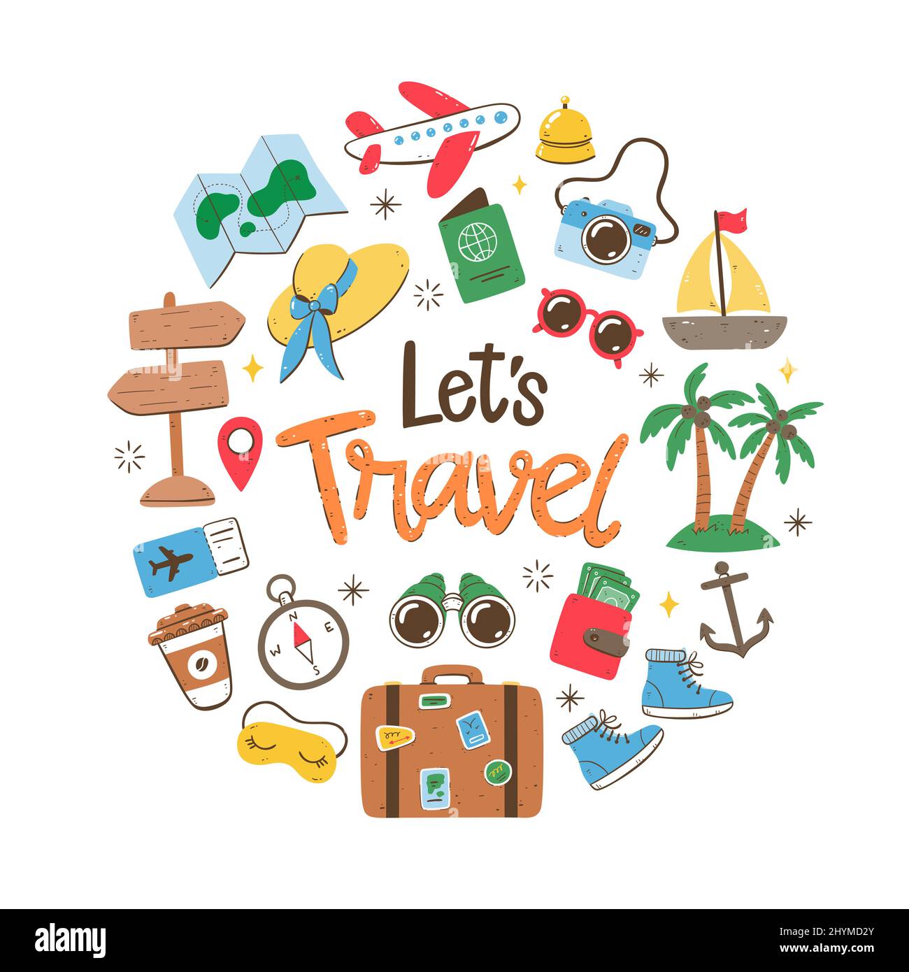 Travel holidays background. Colorful style. Cute hand drawn travel icons. Isolated objects on white background. Stock Vector