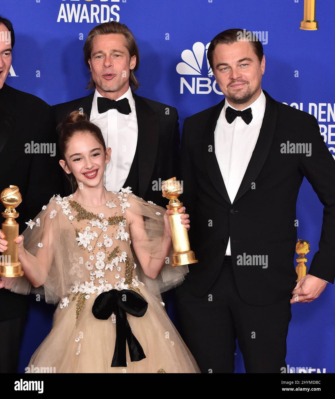 Julia Butters, Brad Pitt and Leonardo DiCaprio in the press room at the