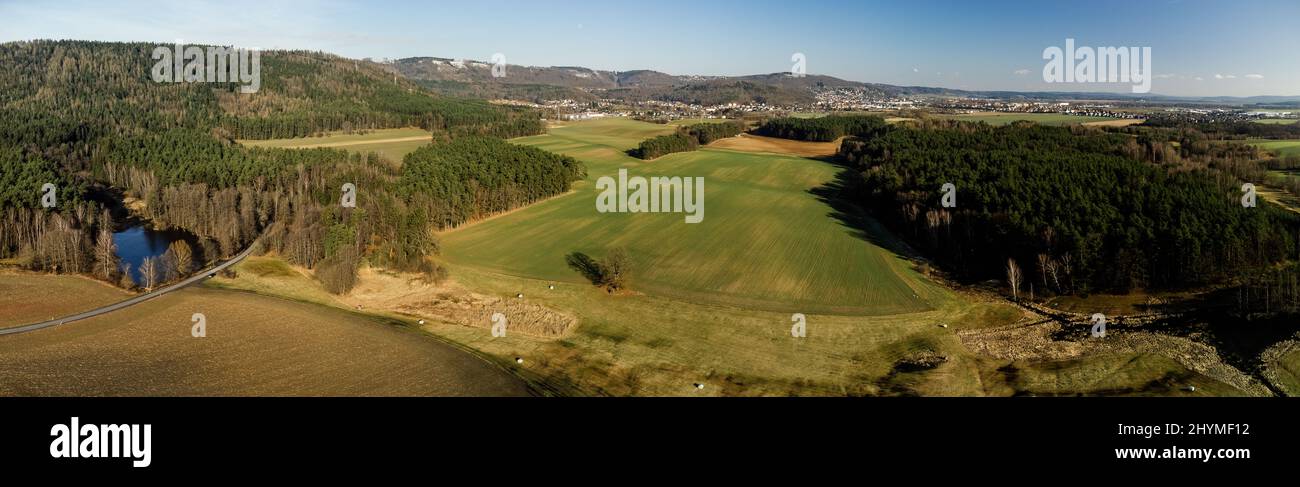 Panorama view of the vast agricultural field in Coburg Bavaria, Germany ...