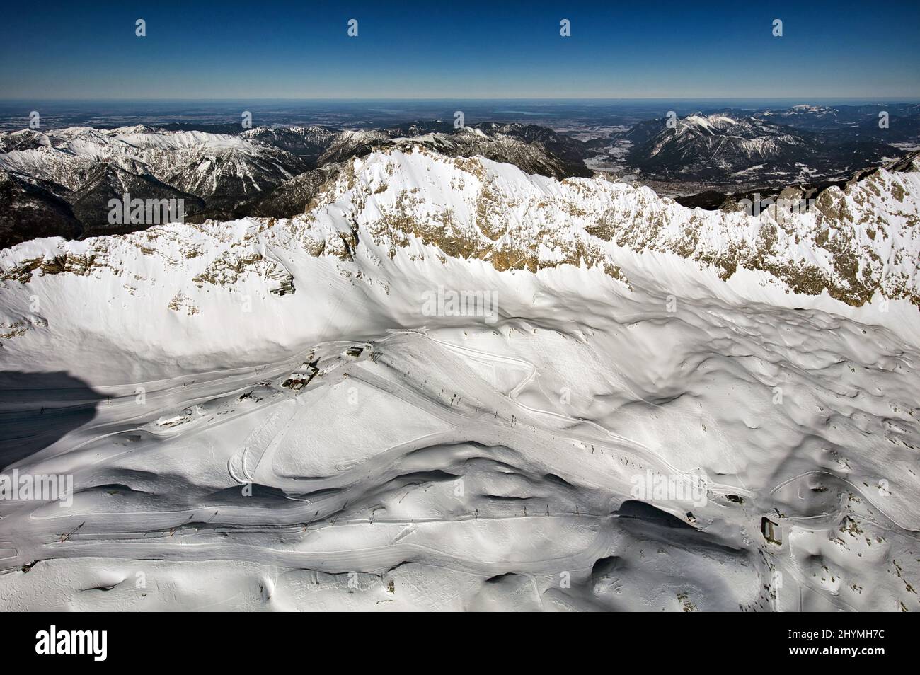 Zugspitze, summit and ski resort in winter, aerial view, 09.02.2022, Germany, Bavaria Stock Photo