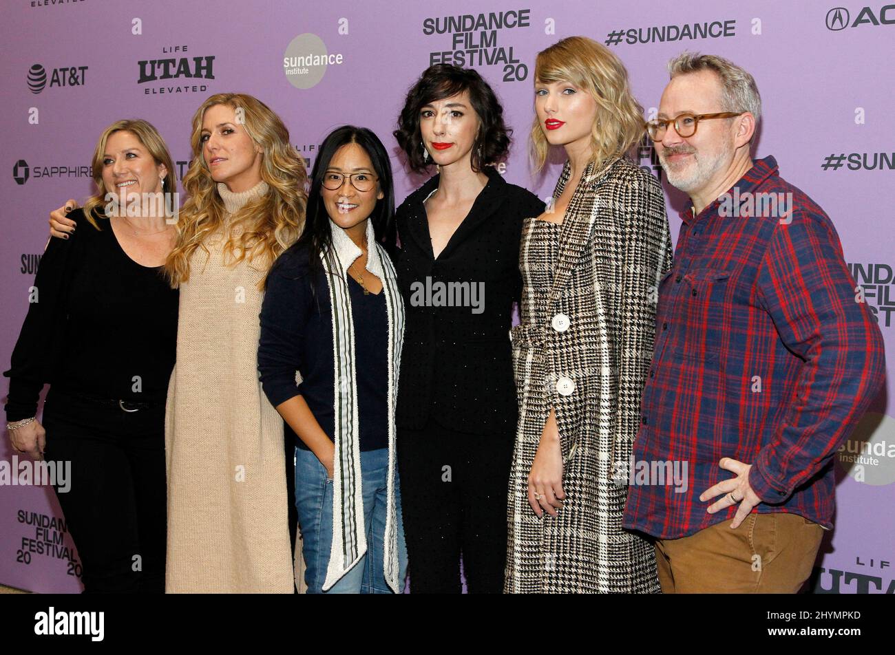 Christine O'Malley, Caitrin Rogers, Guest, Lana Wilson, Taylor Swift, Morgan Neville at the premiere of 'Miss Americana' during the 2020 Sundance Film Festival held at the Eccles Theatre on January 23, 2020 in Park City Stock Photo
