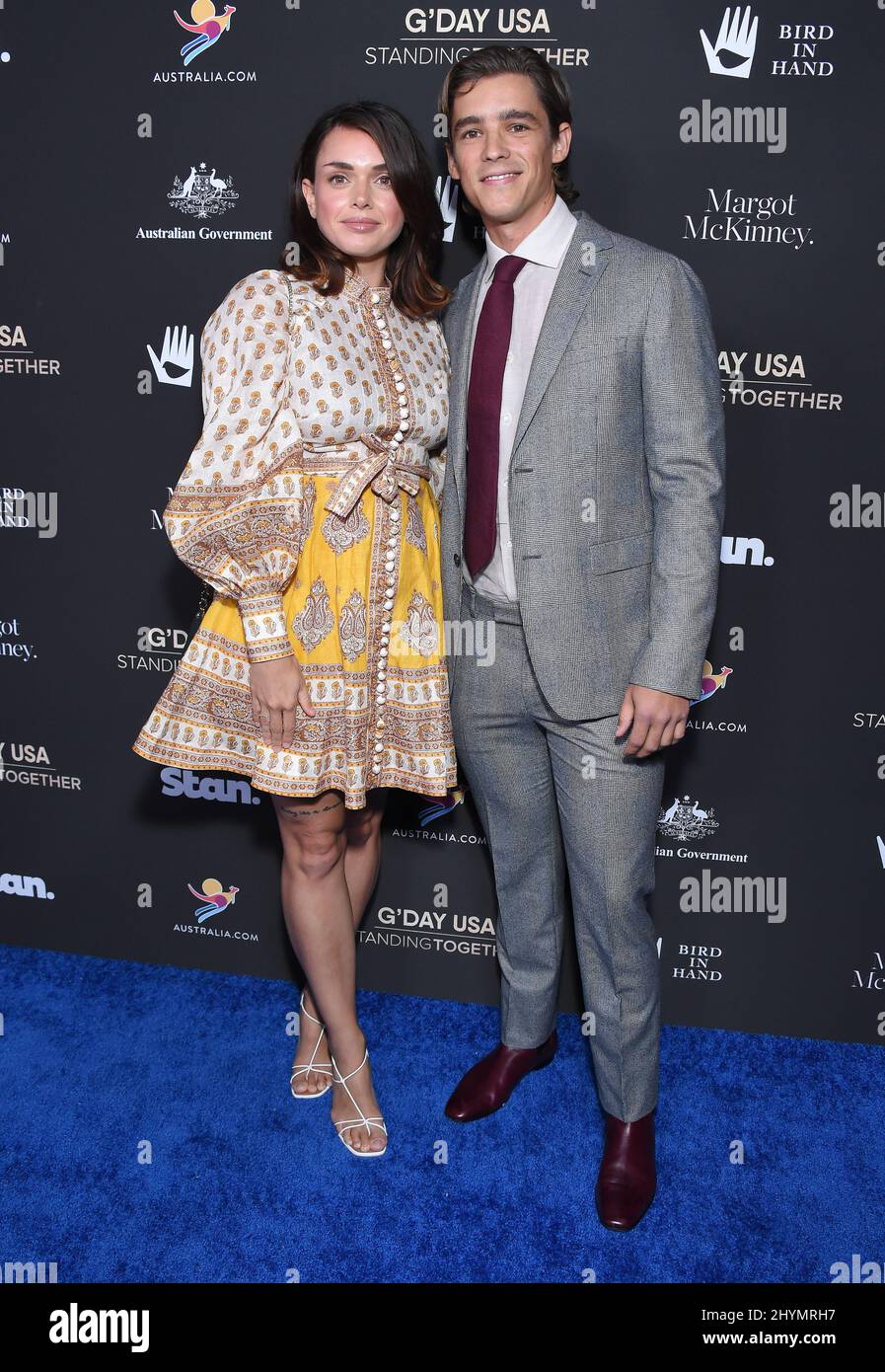 Brenton Thwaites and Chloe Pacey arriving to the G'€™Day USA 2020 at Beverly Wilshire Hotel on January 25, 2020 in Beverly Hills, CA. Stock Photo