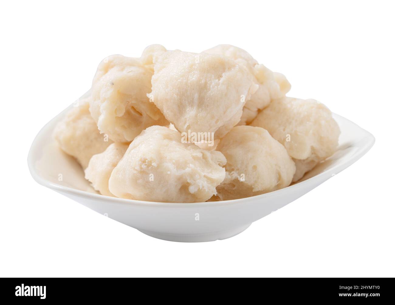 Close up of fresh cuttlefish ball isolated on white background, clipping path cut out. Stock Photo