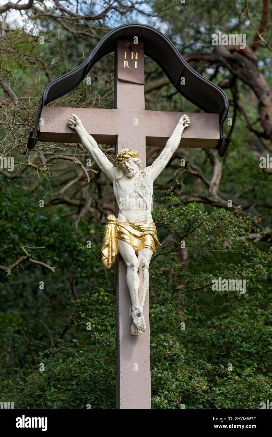 High cross at Strangelsberg, Christ cross at the pilgrimage site Mariengrotte, Bad Salzschlirf, Vogelsberg and Roehn, Fulda, Hesse, Germany Stock Photo
