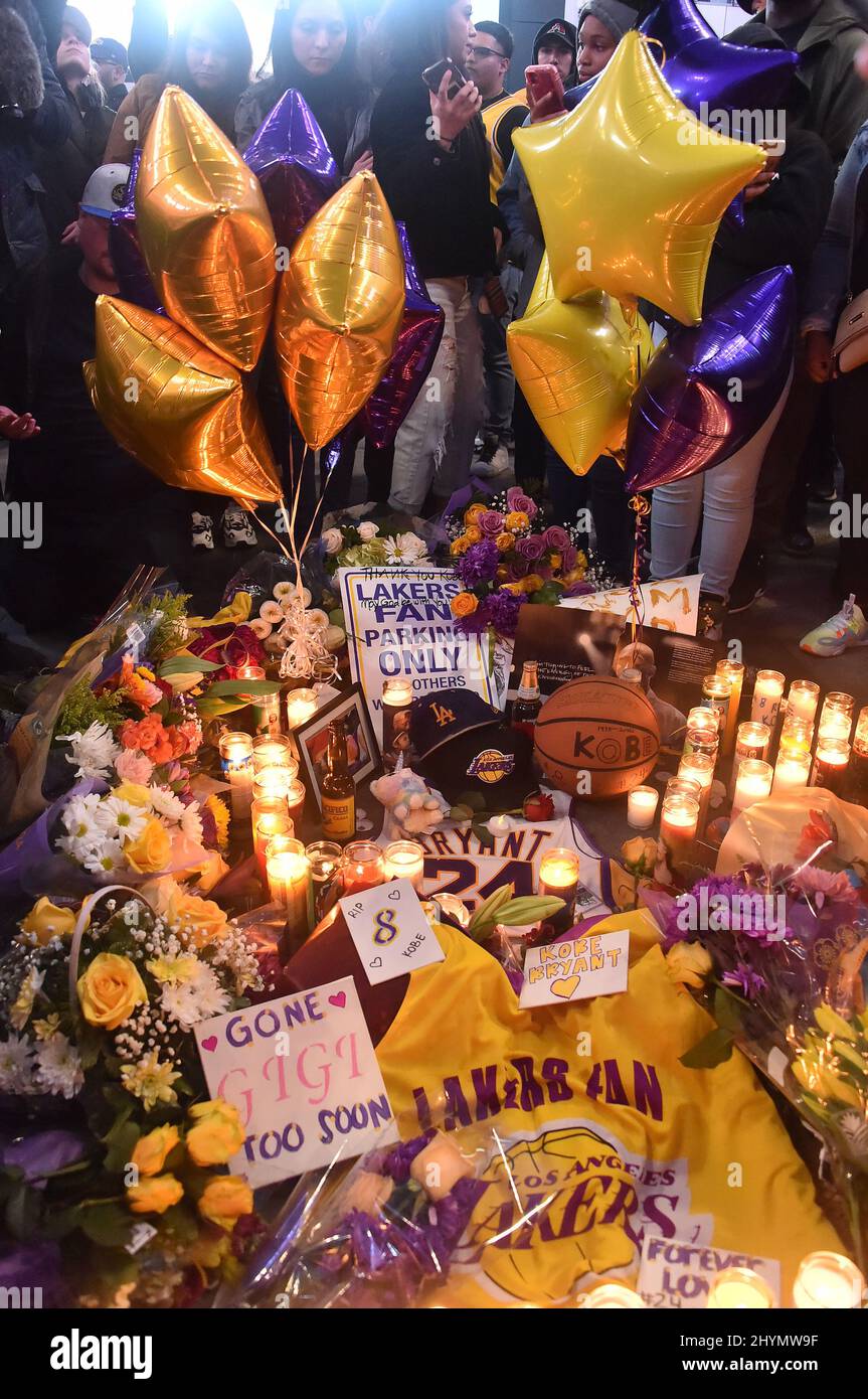 Memorial for Kobe Bryant in front of Staples Center on January 26, 2020 in Los Angeles, CA. Stock Photo