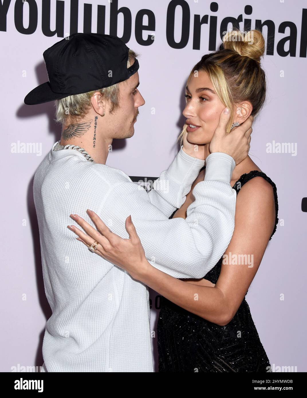 Hailey Baldwin and Justin Bieber at the YouTube Originals' 'Justin Bieber: Seasons' held at the Regency Bruin Theatre on January 27, 2020 in Westwood, CA. Stock Photo