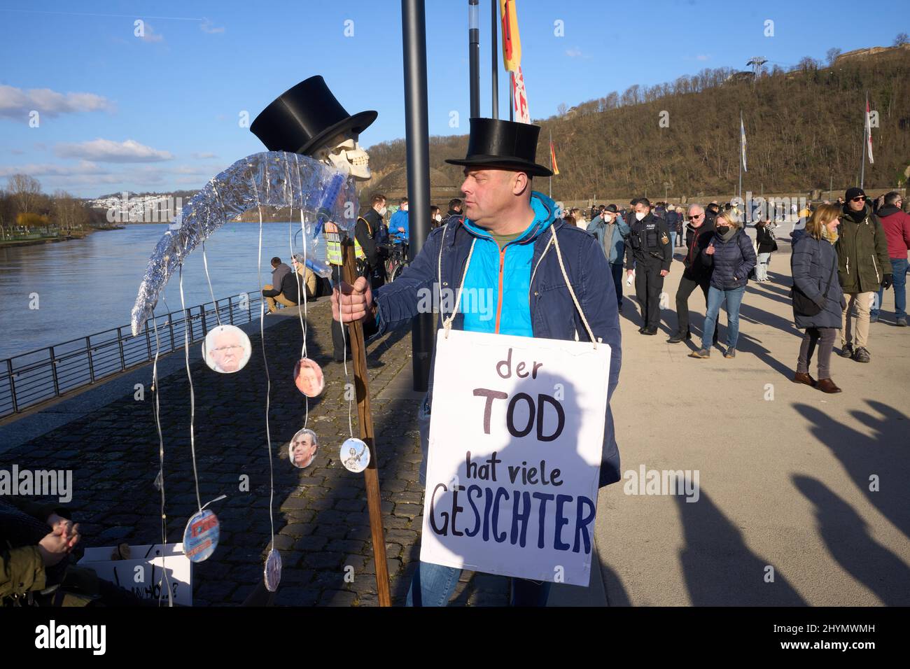 A man demonstrates against the government's Corona measures. Koblenz, Rhineland-Palatinate, Germany Stock Photo