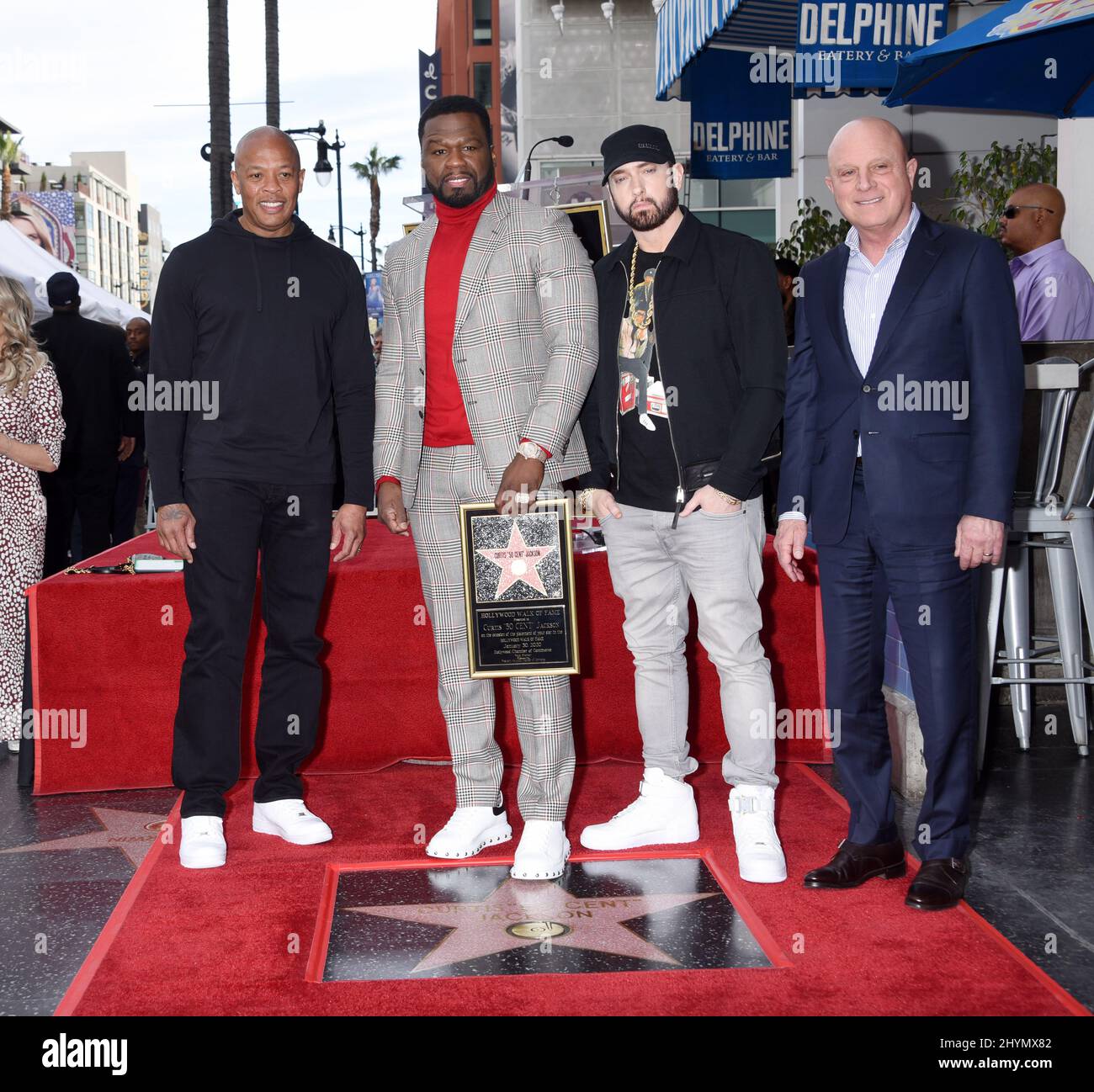 Curtis '50 Cent' Jackson, Dr Dre, Eminem and Chris Albrecht is joined by Dr Dre, Eminem and Chris Albrecht at his Hollywood Walk of Fame star ceremony on January 30, 2020 in Hollywood, CA. Stock Photo