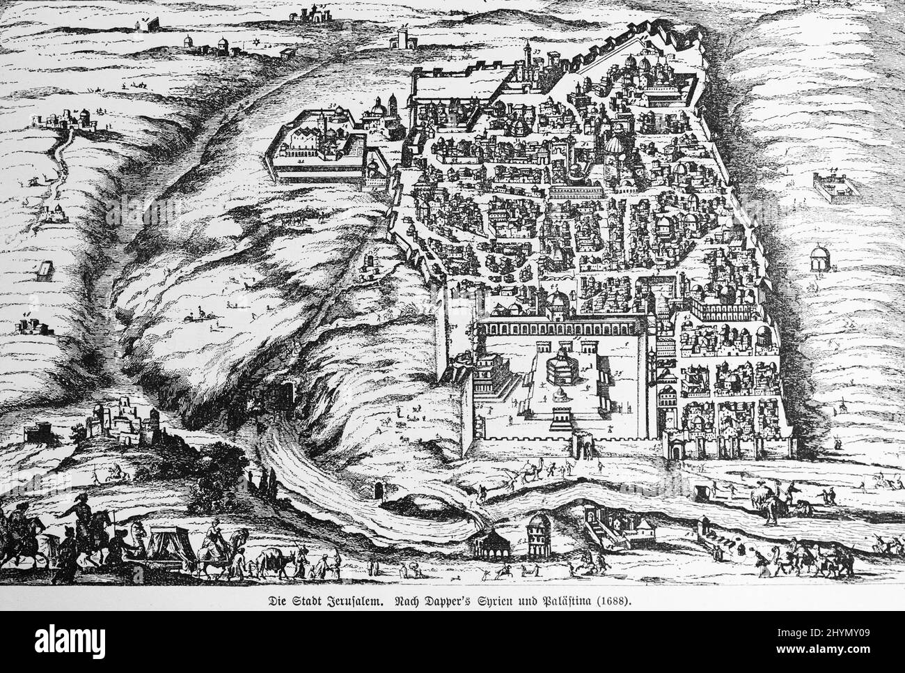 Ground plan, cityscape, map, 17th century, Palestine, river, fields, travellers, sedan chair, historical illustration, 1885, Jerusalem, Israel Stock Photo