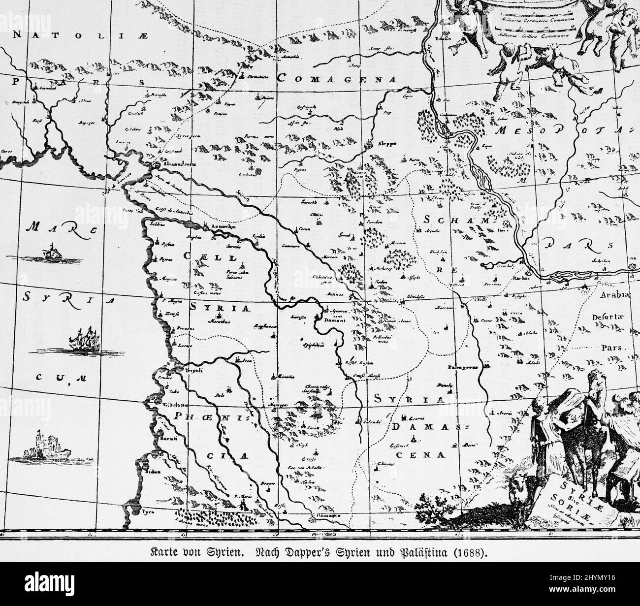 Map, 17th century, Mediterranean, orientation, ornaments, historical illustration, 1885, Syria Stock Photo