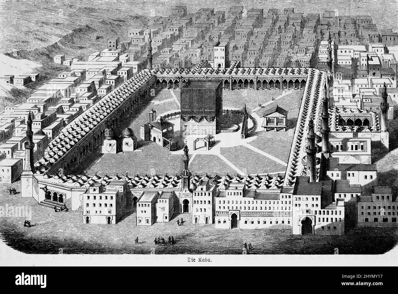 City view, from above, Kaaba, sanctuary, mosque, square, Prophet Mohammed, pilgrimage site, Islam, historical illustration 1885, Mecca, Saudi Arabia Stock Photo