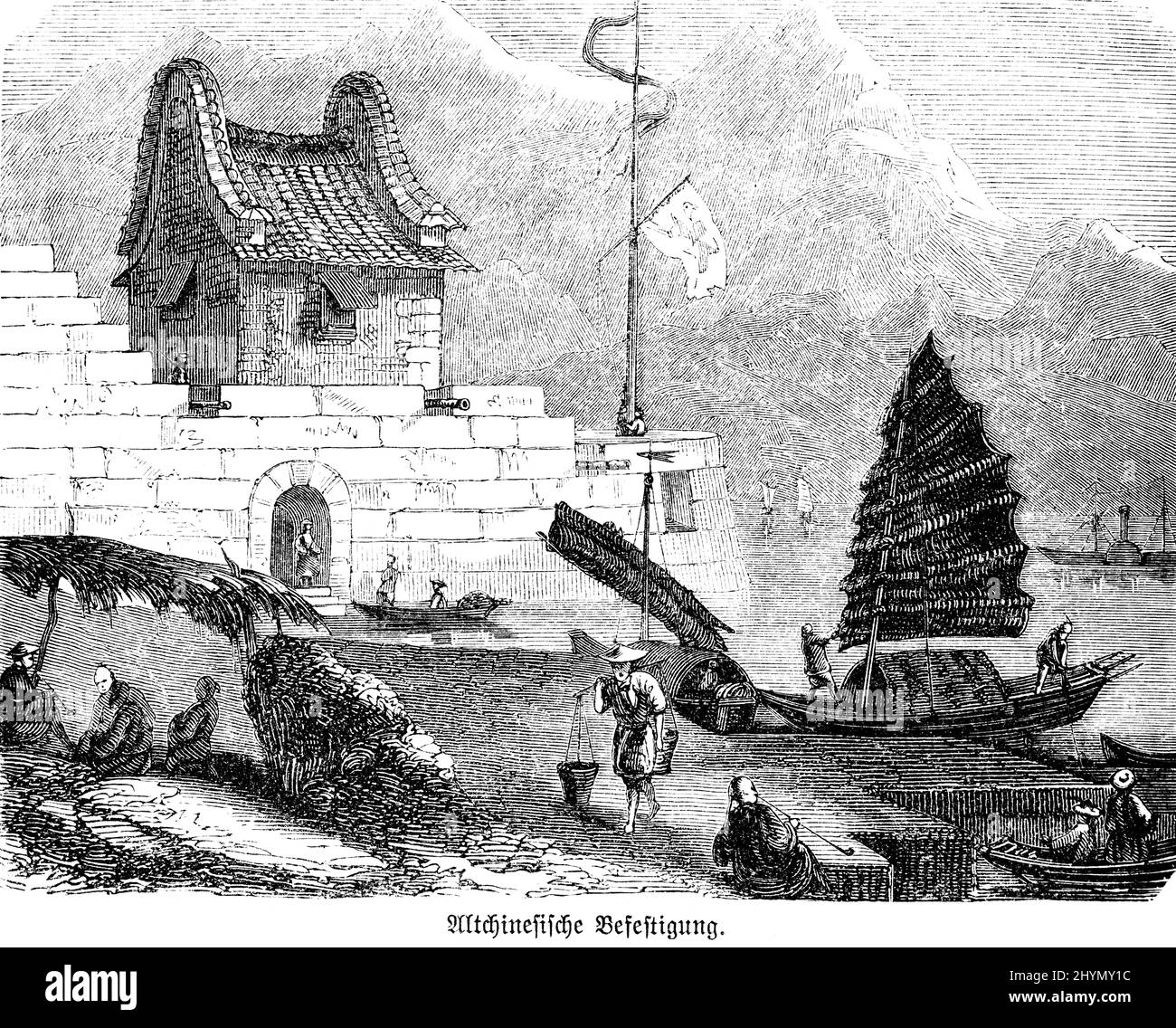 Ancient Chinese castle complex, wall, boats, sails, mountains, flags, small, harbour, people, trade, river, historical illustration 1885, China Stock Photo