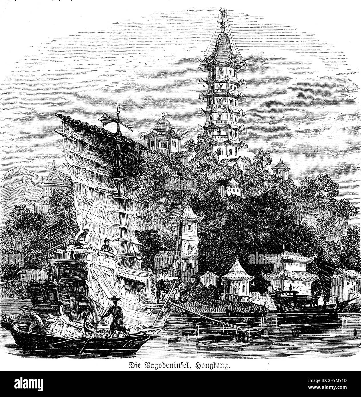 Pagoda Island, pagoda, tower, architecture, island, shore, slope, ship, boat, historical illustration 1885, Hong Kong, China Stock Photo