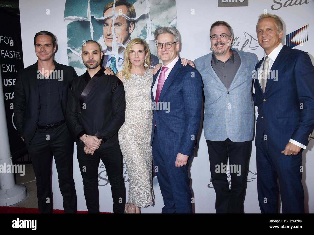 Tony Dalton, Michael Mando, Rhea Seehorn, Peter Gould, Vince Gilligan and Patrick Fabian at AMC's 'Better Call Saul' Season 5 Special Premiere Event held at the ArcLight Cinemas Hollywood on February 5, 2020 in Hollywood, CA. Stock Photo
